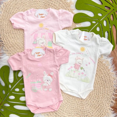 Kit 3 Peças - Bodys Manga Curta Flores Que Fazem o Coração Florescer - Rosa, Off White e Rose